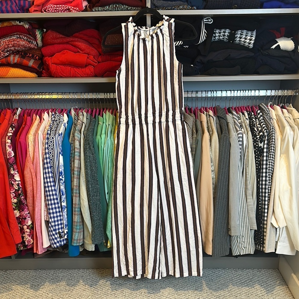 Loft white/rust/pink/black striped sleeveless elastic waistband jumpsuit size XS